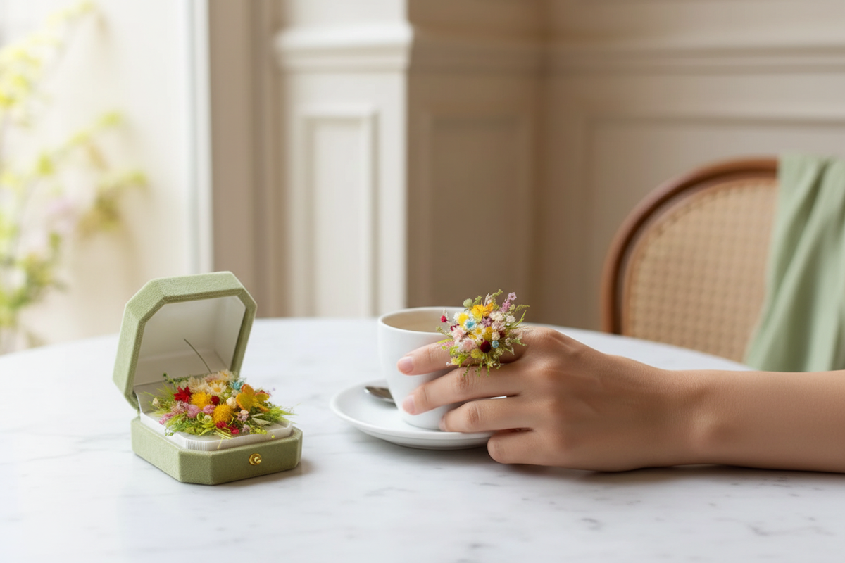 Preserved flower ring on hand and in velvet box cafe scene Eco Perennial