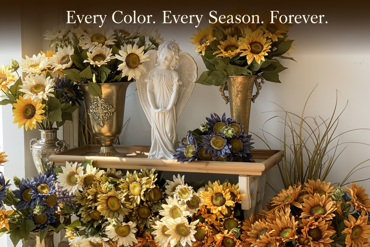 Colorful real-touch faux sunflowers in multiple colors displayed on a rustic wooden ladder shelf with ornate vases and angel statue, artificial flower arrangement collection by Eco Perennial