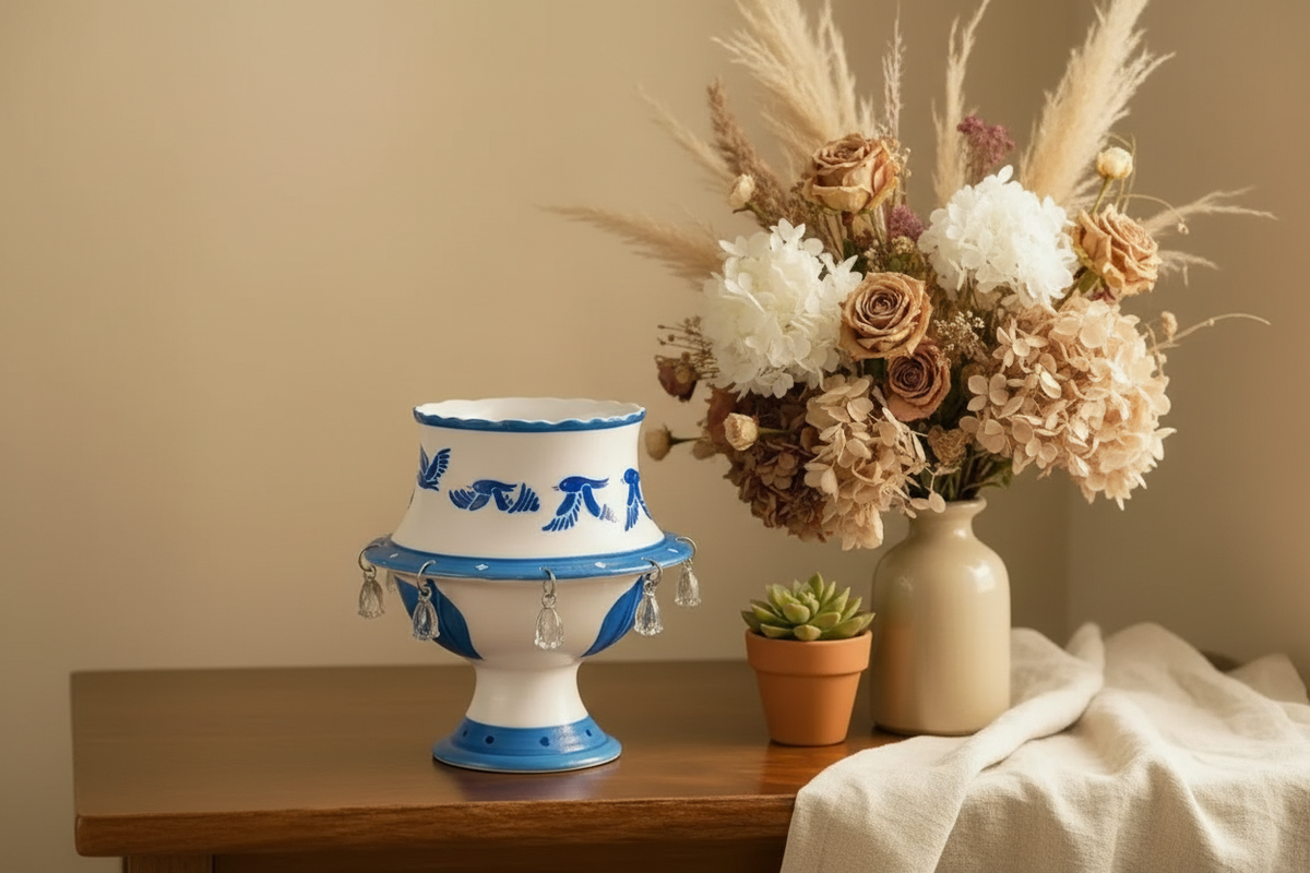 Vintage blue and white bird ceramic pedestal teacup with dangling crystal charms beside a dried floral arrangement