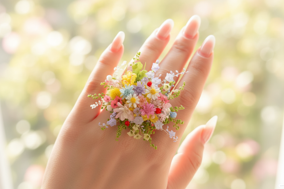 Handcrafted eternal flower ring with colorful wildflowers worn on hand – Eco Perennial floral jewelry