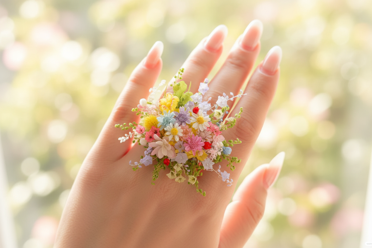 Handcrafted eternal flower ring with colorful wildflowers worn on hand – Eco Perennial floral jewelry