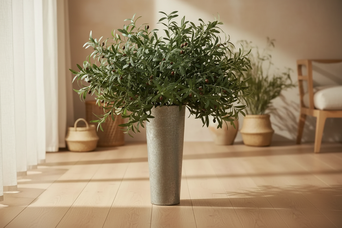 Lush faux olive branches styled in a tall vase for a natural Mediterranean home decor look by Eco Perennial.