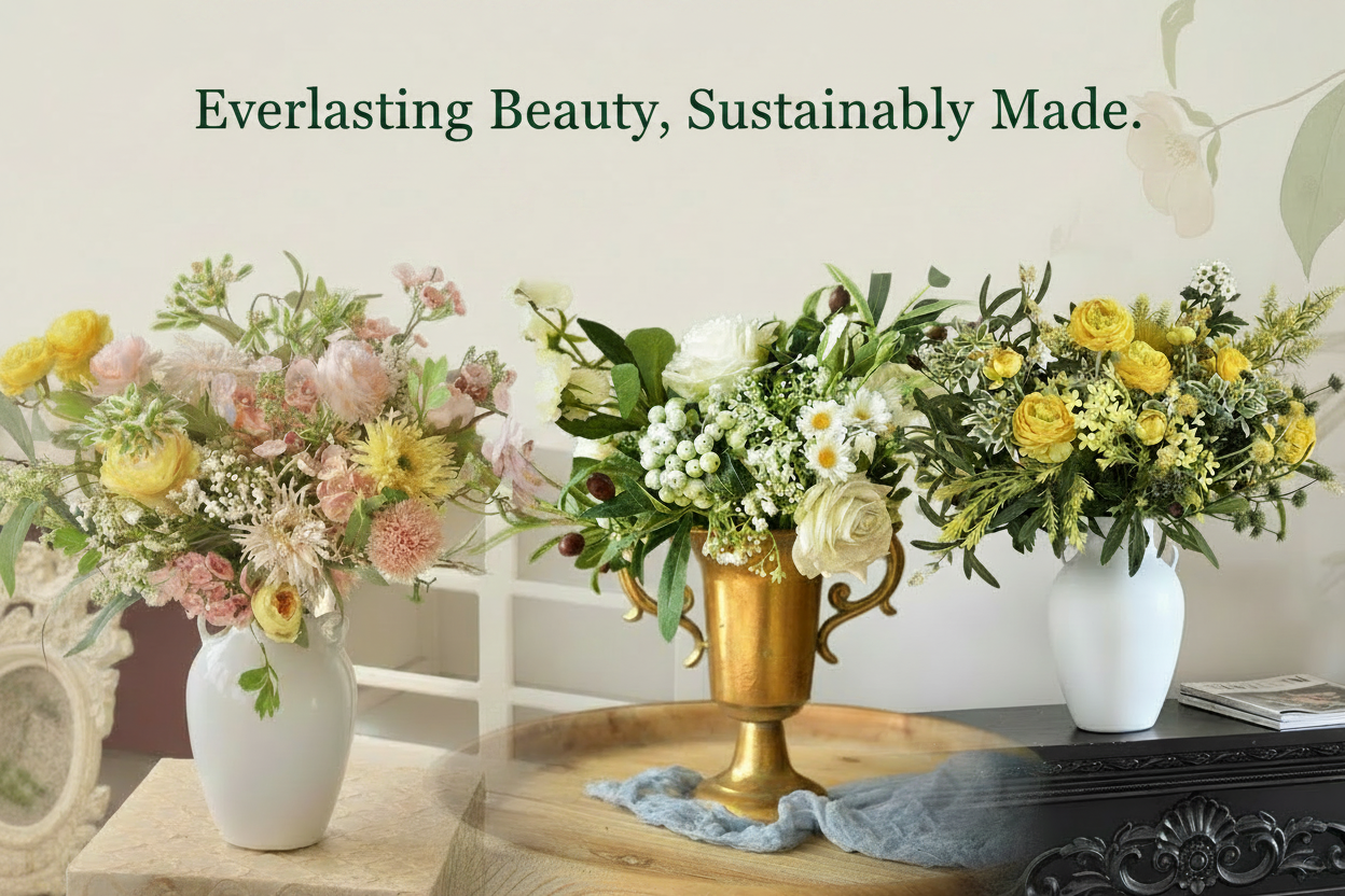 Eco Perennial premium silk floral arrangements — three elegant bouquets featuring peonies, ranunculus, and roses in white and gold vases. Everlasting Beauty, Sustainably Made.