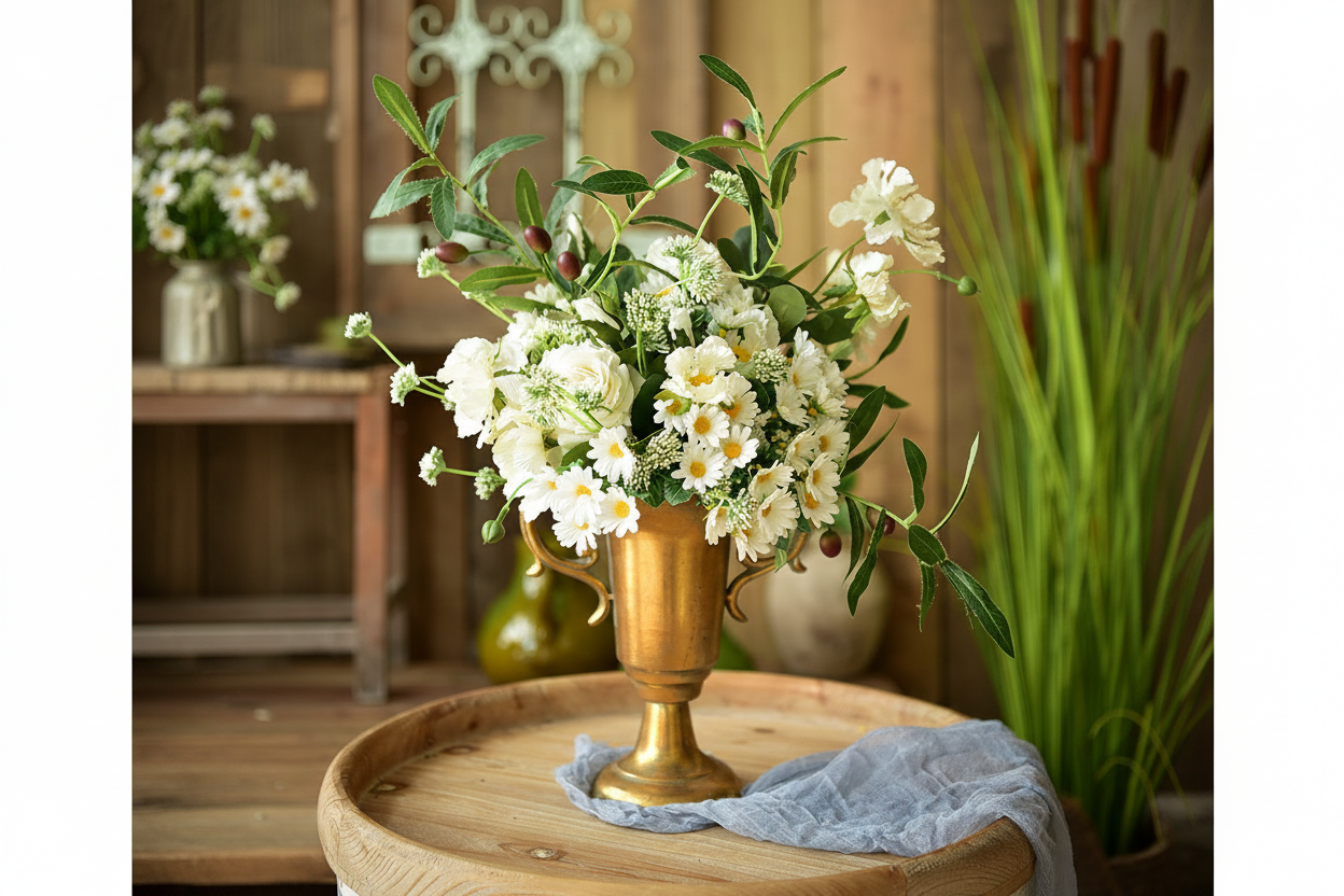 Lifelike faux white daisy and cream rose bouquet with olive branches in a gold trophy vase, rustic vintage garden decor