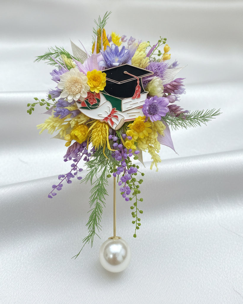Handcrafted Preserved Flower Corsage Brooch | Wedding & Graduation Floral Pin | Realistic Faux Silk Flowers for Home Decor - Eco Perennial