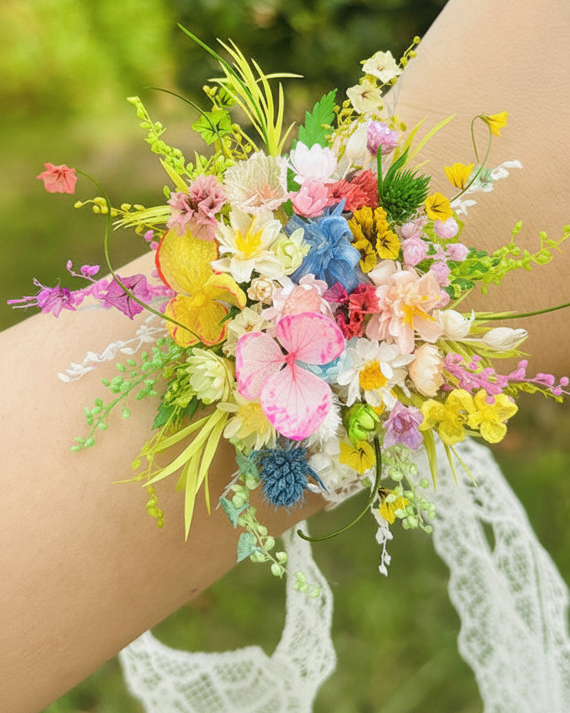 Wildflower Meadow Preserved Flower Wrist Corsage | Real Flower Wedding Corsage & Bridal Floral Jewelry