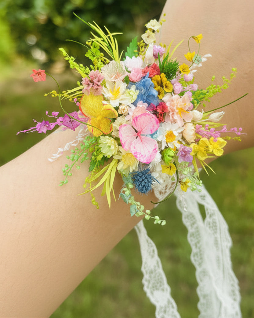 Wildflower Meadow Preserved Flower Wrist Corsage | Real Flower Wedding Corsage & Bridal Floral Jewelry