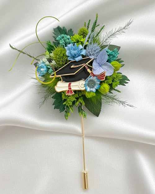 "Eternal Honors" Graduation Corsage Brooch | Handcrafted Preserved Flower Keepsake - Eco Perennial Green Blue | Brooches & Pins | Eco Perennial