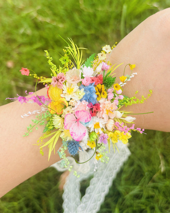 Wildflower Meadow Preserved Flower Wrist Corsage | Real Flower Wedding Corsage & Bridal Floral Jewelry