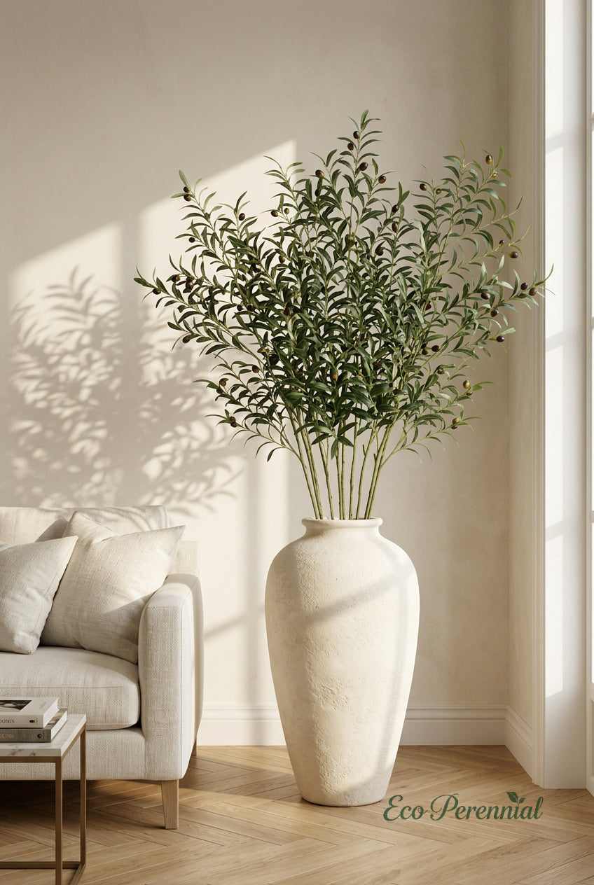 37.4" Faux Olive Branches | Tall 10-Fork Stems | Artificial Greenery | Eco Perennial