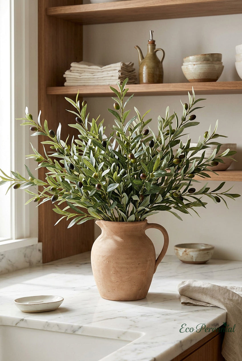 15"–19" Medium Realistic Faux Olive Branches | Artificial Greenery Stems with Olives | Artificial Greenery | Eco Perennial
