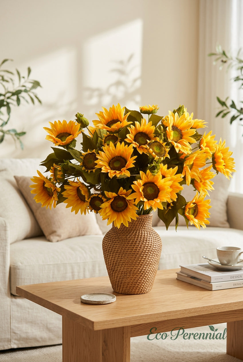 "The Golden Hour" | 13-Head Real Touch Sunflower Bunch - Faux Sunflower Stem | Artificial Floral Arrangement | Eco Perennial