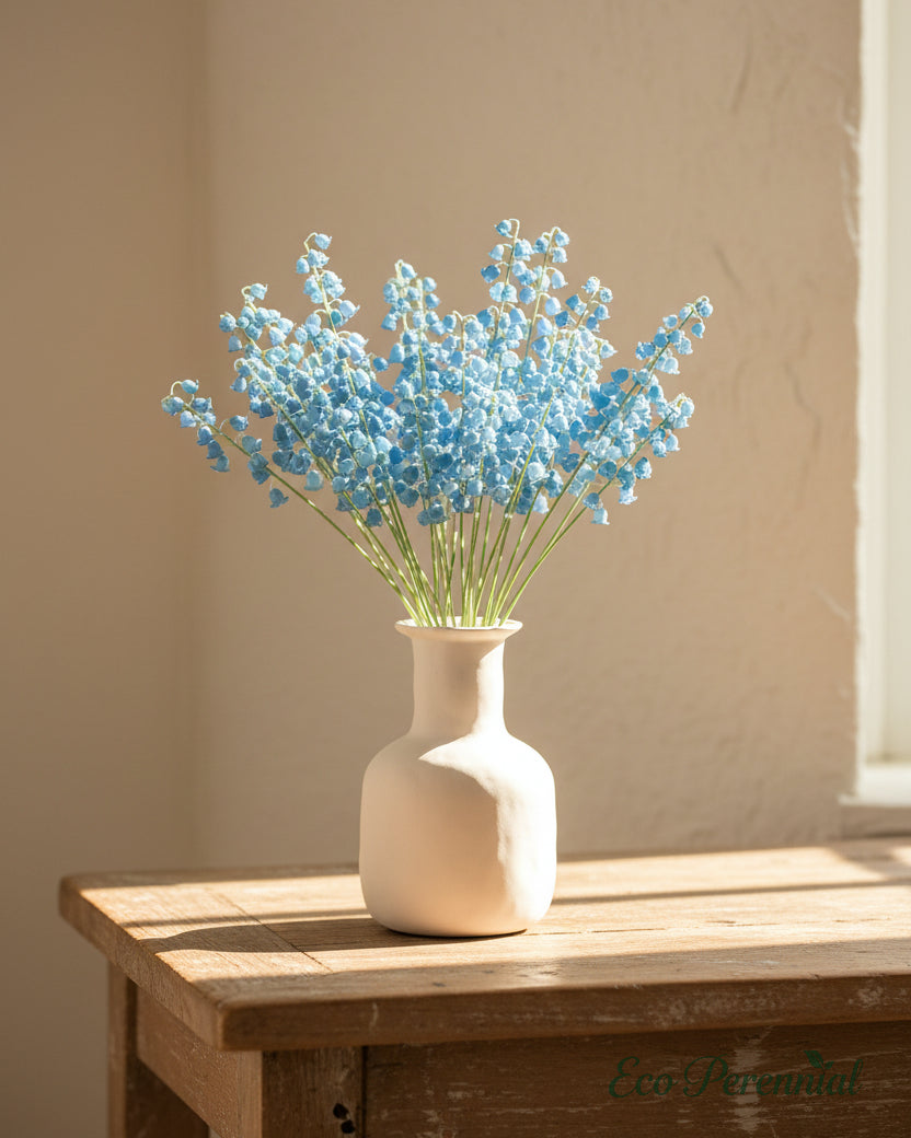 13.8 inches petite light blue faux lily of the valley on a coffee table - Eco Perennial