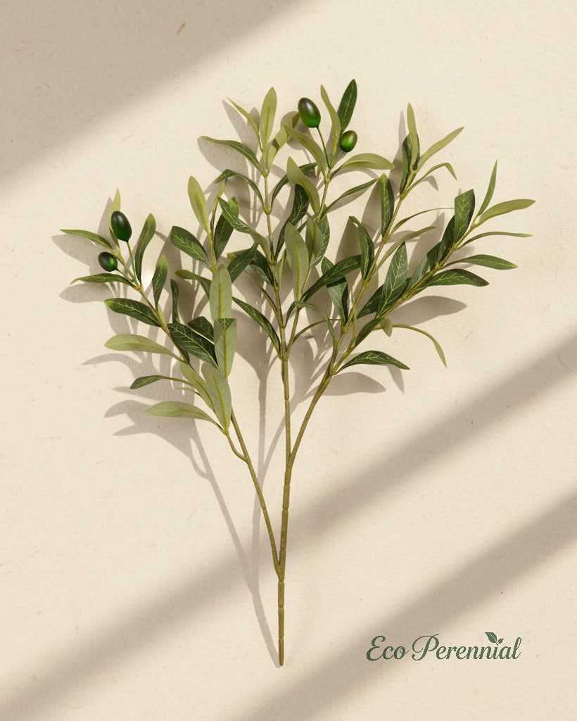 15 inch artificial olive branch close-up with dappled shadow by Eco Perennial