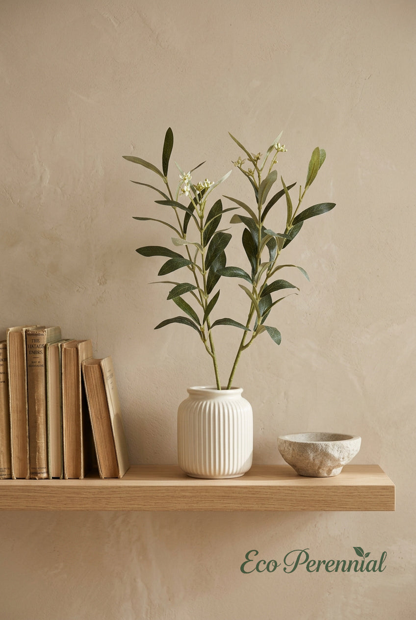 15.7"–18.5" Flowering Faux Olive Branches with White Blossoms | Artificial Greenery | Eco Perennial
