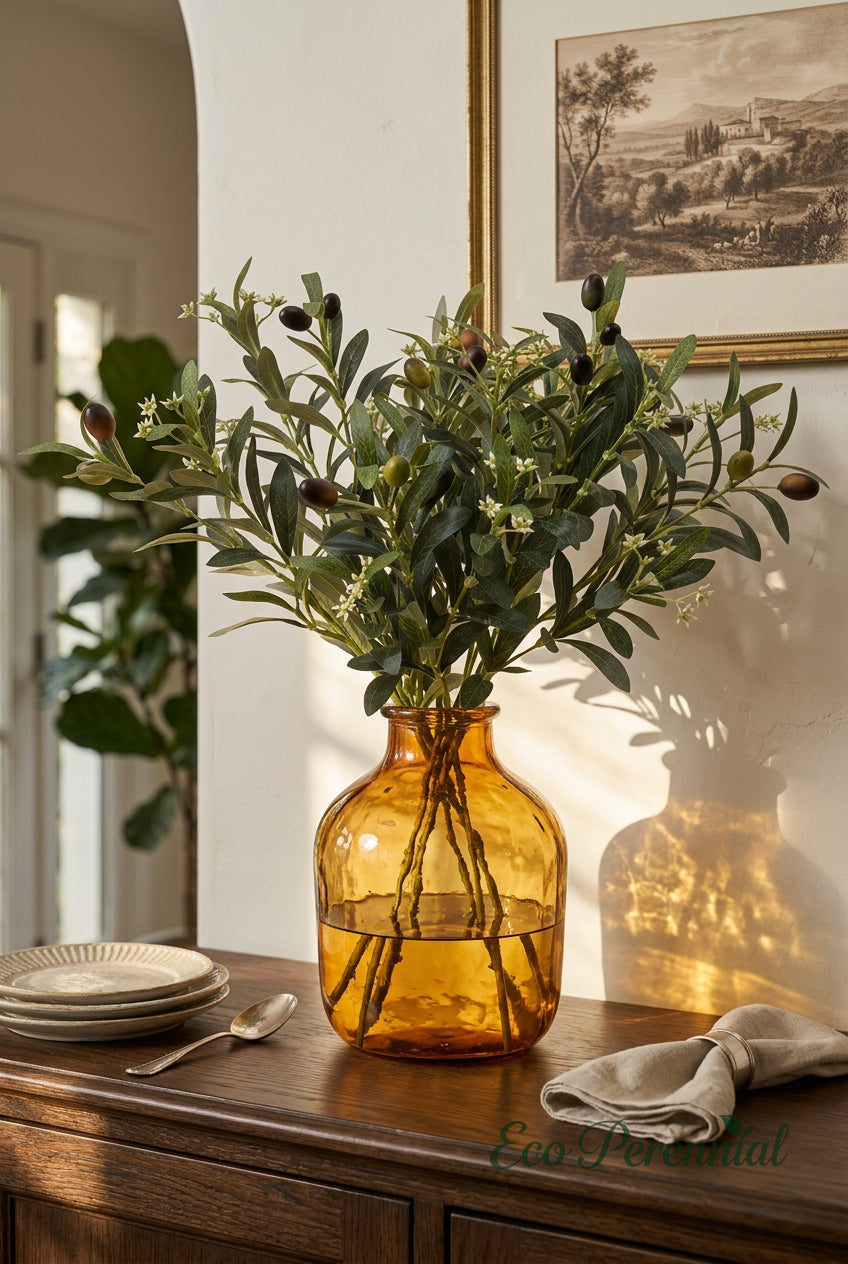 15.7"–18.5" Flowering Faux Olive Branches with White Blossoms | Artificial Greenery | Eco Perennial
