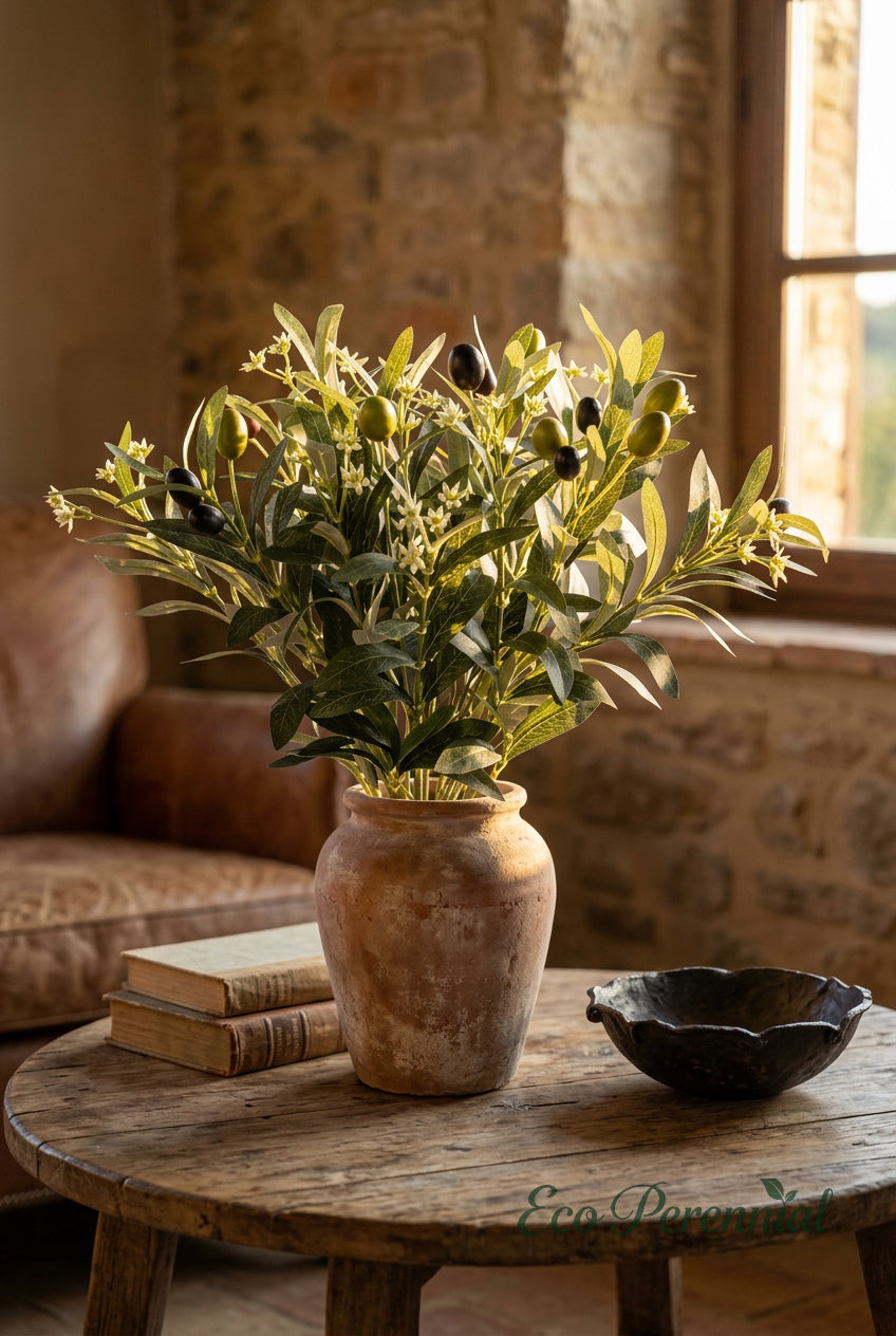 15.7"–18.5" Flowering Faux Olive Branches with White Blossoms | Artificial Greenery | Eco Perennial
