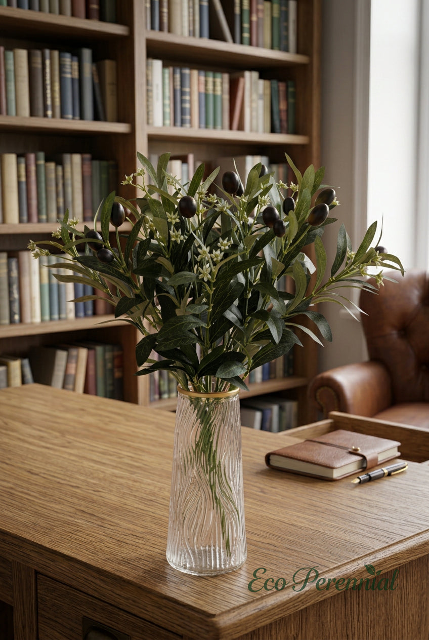 15.7"–18.5" Flowering Faux Olive Branches with White Blossoms | Artificial Greenery | Eco Perennial
