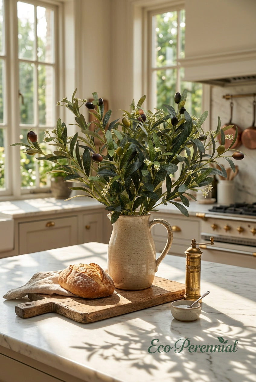 15.7"–18.5" Flowering Faux Olive Branches with White Blossoms | Artificial Greenery | Eco Perennial
