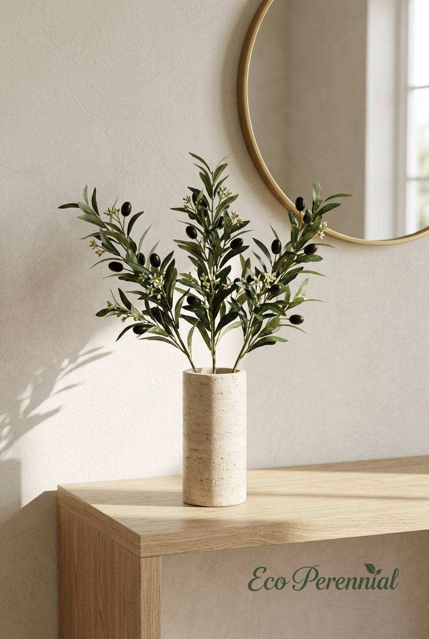 15.7"–18.5" Flowering Faux Olive Branches with White Blossoms | Artificial Greenery | Eco Perennial
