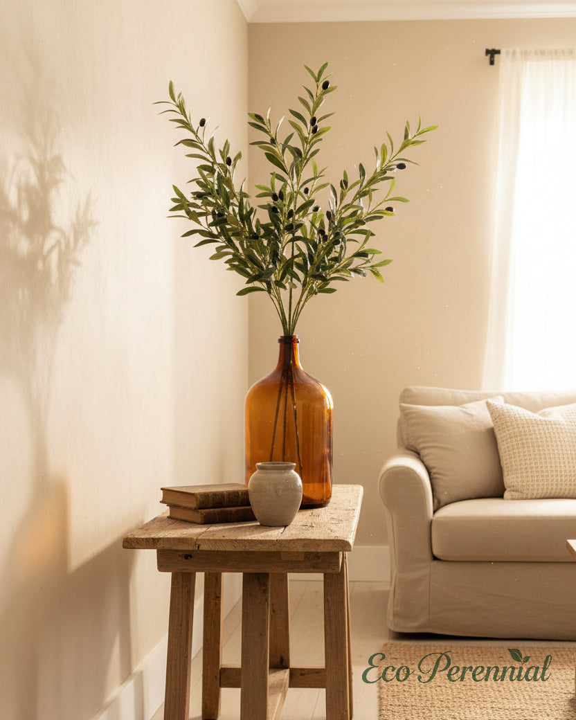 39 inch artificial olive branches in an amber apothecary bottle