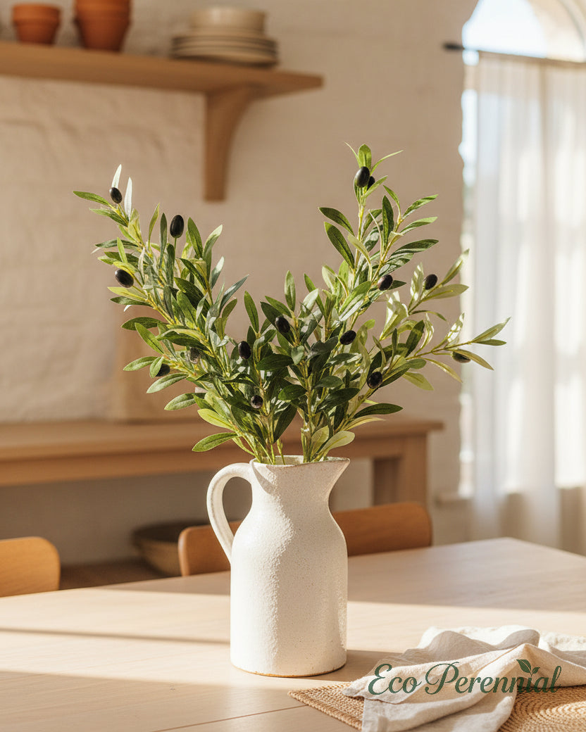 39 inch faux olive branch arranged in a white ceramic pitcher