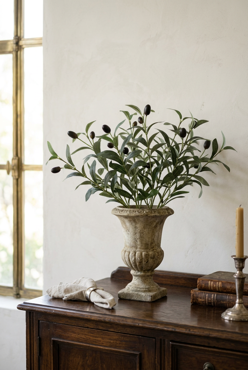 19.7" Faux Olive Branches | 6-Fork Tabletop Greenery | Artificial Greenery | Eco Perennial