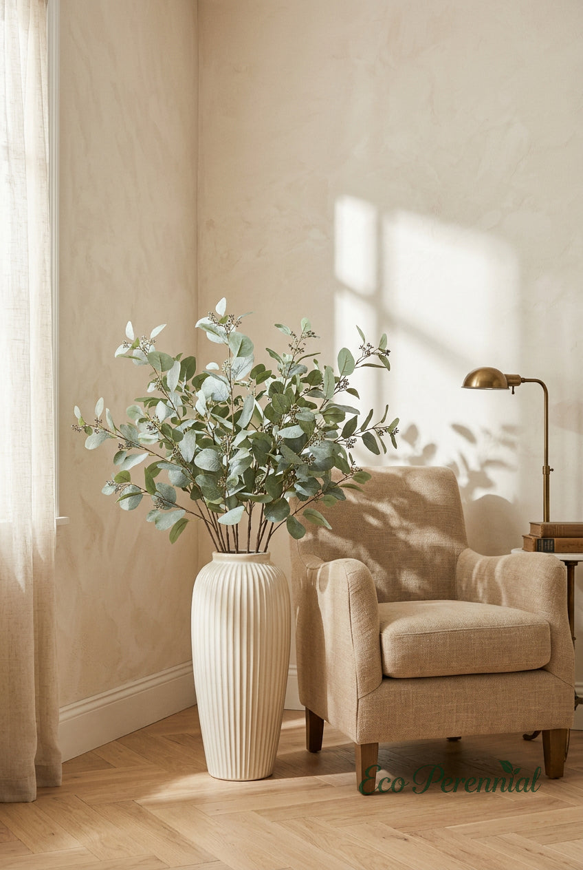 34" Faux Seeded Eucalyptus Branch | Realistic Tall Artificial Greenery Stem | Artificial Greenery | Eco Perennial