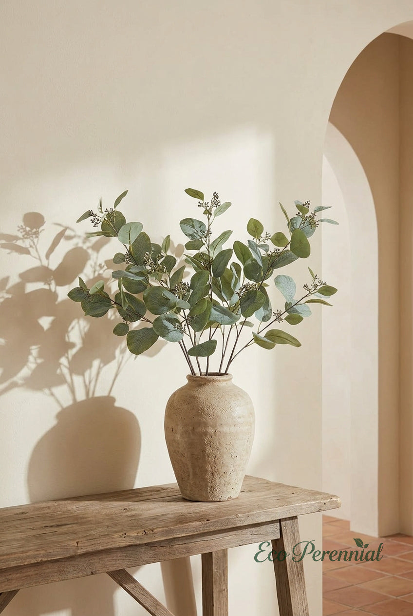 34" Faux Seeded Eucalyptus Branch | Realistic Tall Artificial Greenery Stem | Artificial Greenery | Eco Perennial