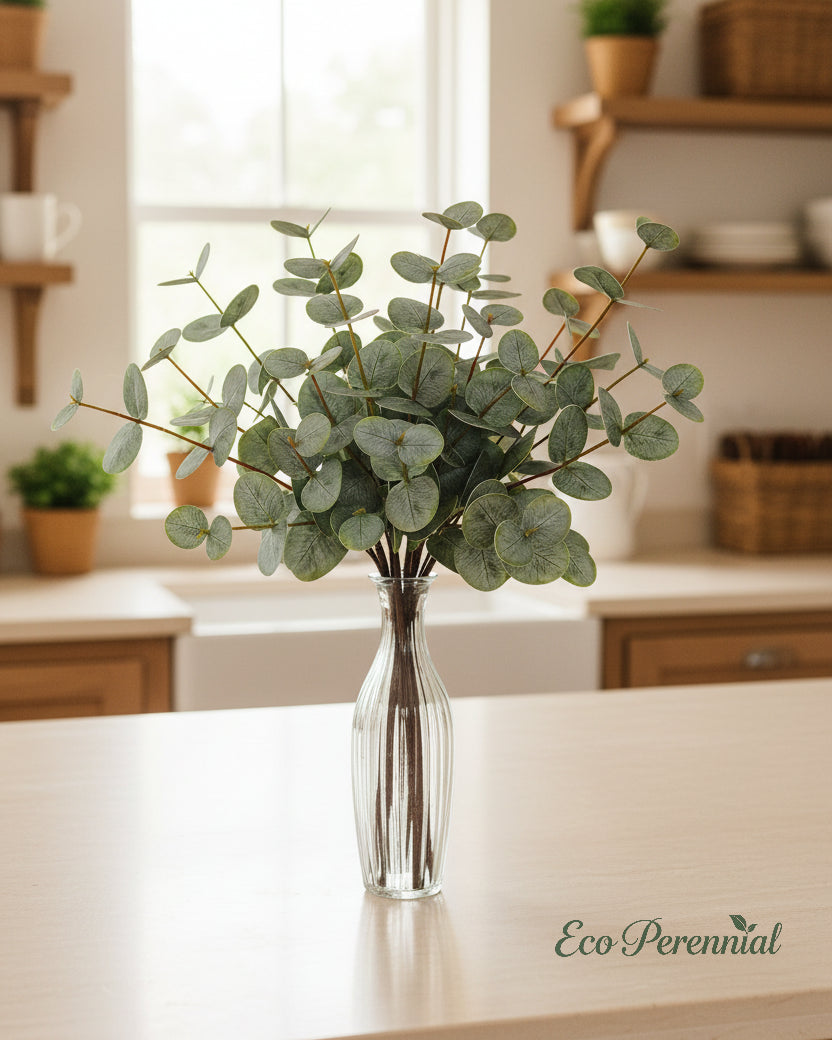 Artificial eucalyptus branches in a stylish vase setting - Eco Perennial