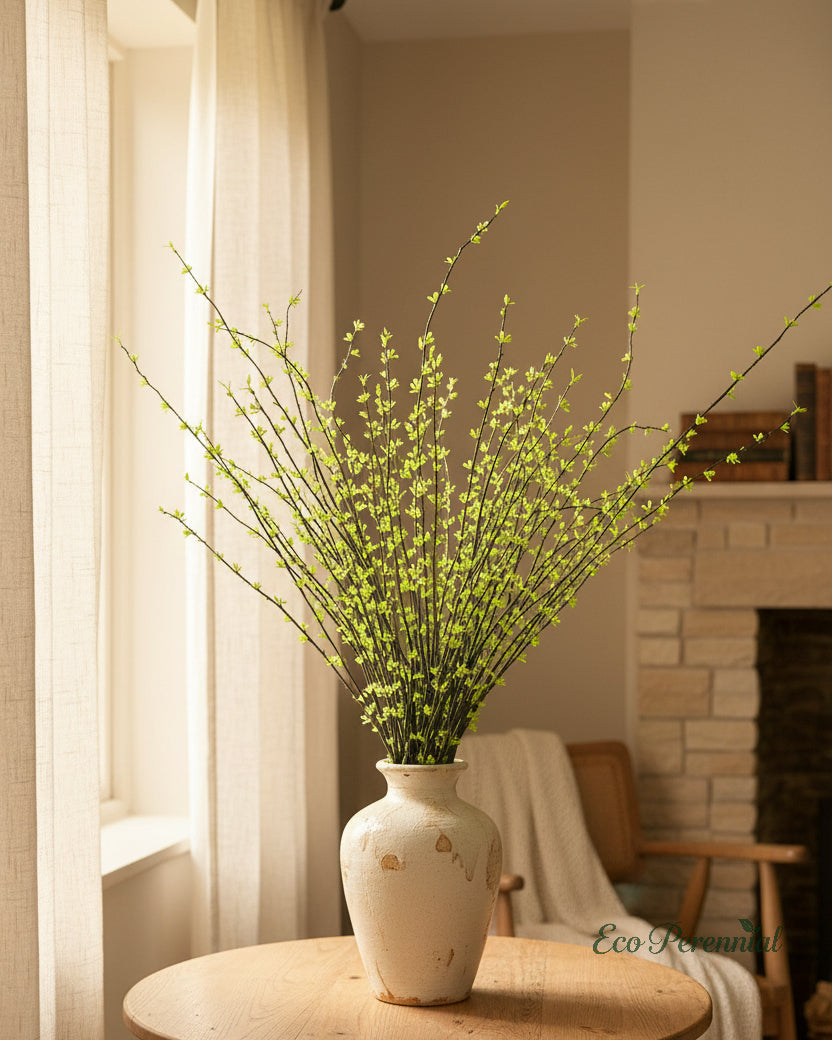 Artificial snow willow branches in an English-inspired dining room
