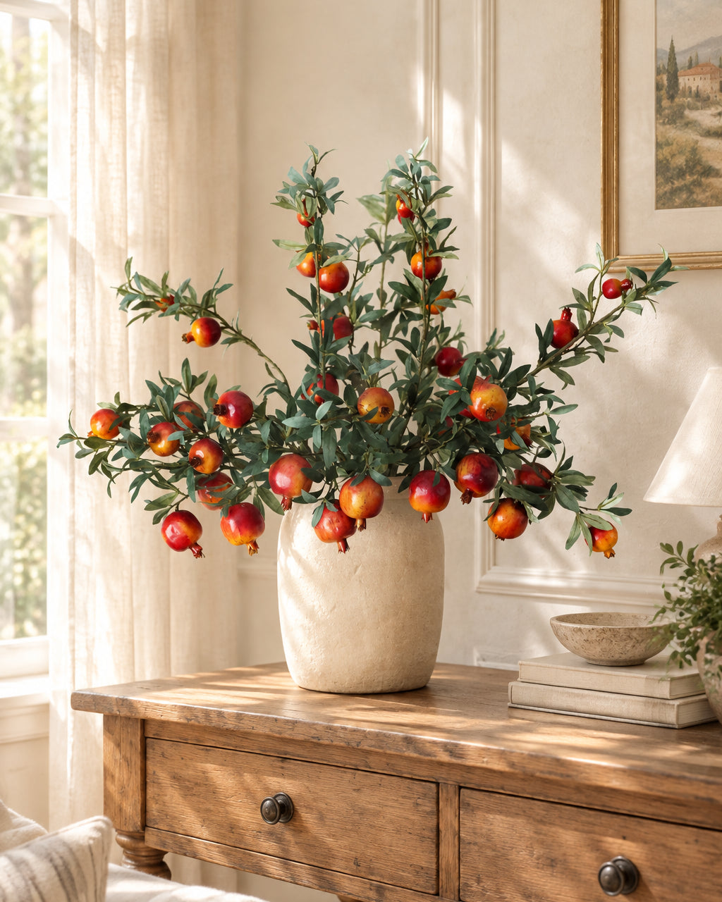 Realistic Faux Pomegranate Branch | 32.3" Artificial Pomegranate Stem with 7 Fruits | Artificial Greenery | Eco Perennial