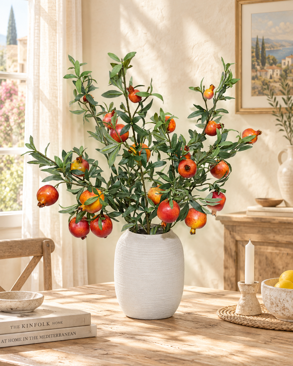 Realistic Faux Pomegranate Branch | 32.3" Artificial Pomegranate Stem with 7 Fruits | Artificial Greenery | Eco Perennial