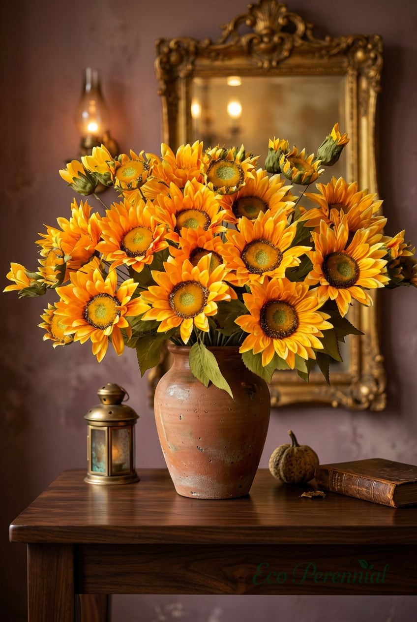 "The Golden Hour" | 13-Head Real Touch Sunflower Bunch - Faux Sunflower Stem | Artificial Floral Arrangement | Eco Perennial