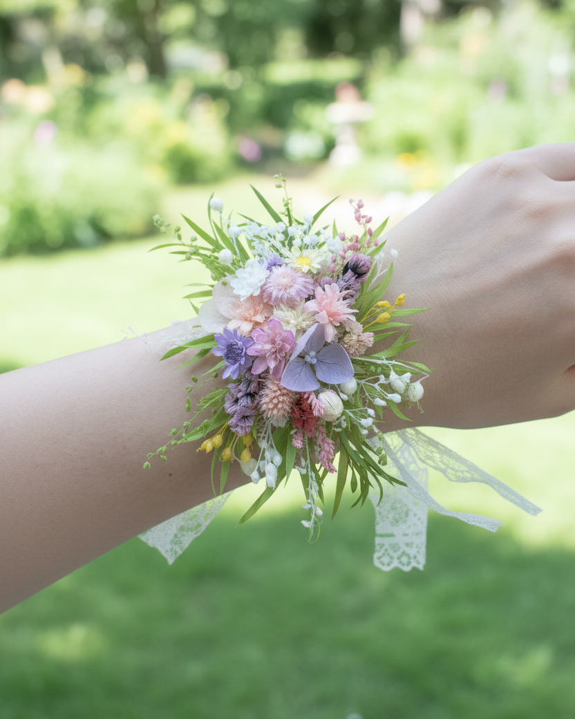 Bridesmaid floral wrist accessory with real preserved blooms — Eco Perennial