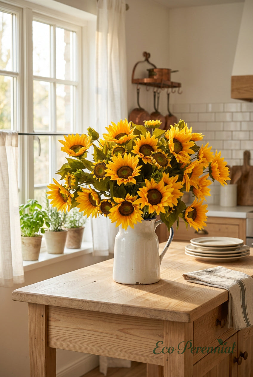 "The Golden Hour" | 13-Head Real Touch Sunflower Bunch - Faux Sunflower Stem | Artificial Floral Arrangement | Eco Perennial