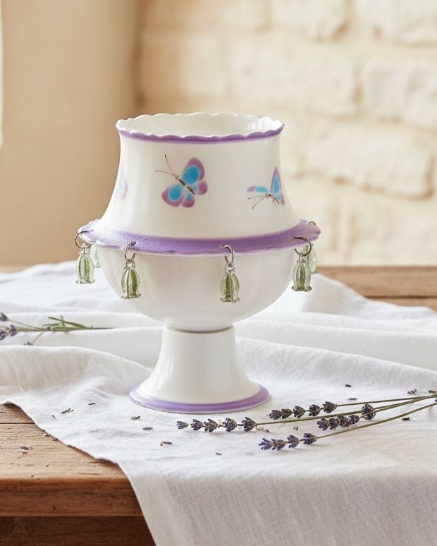 Butterfly hand-painted ceramic cup with scalloped rim and green bell flower charms — Eco Perennial
