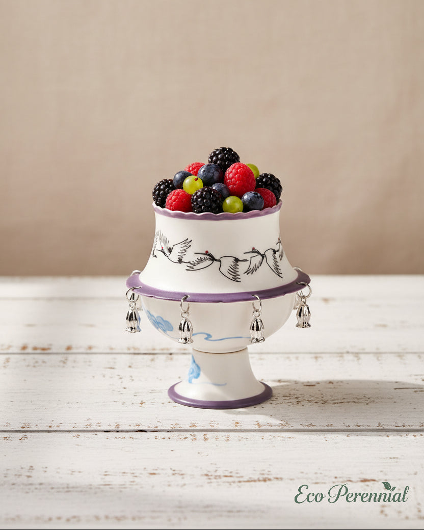 Close-up of hand-painted crane pattern and delicate silver bell charms on teacup
