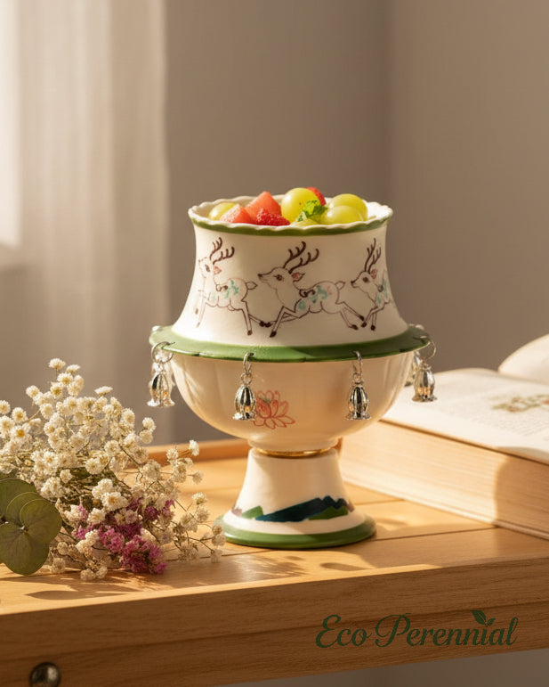 Close-up of hand-painted deer pattern and silver bell charms on teacup