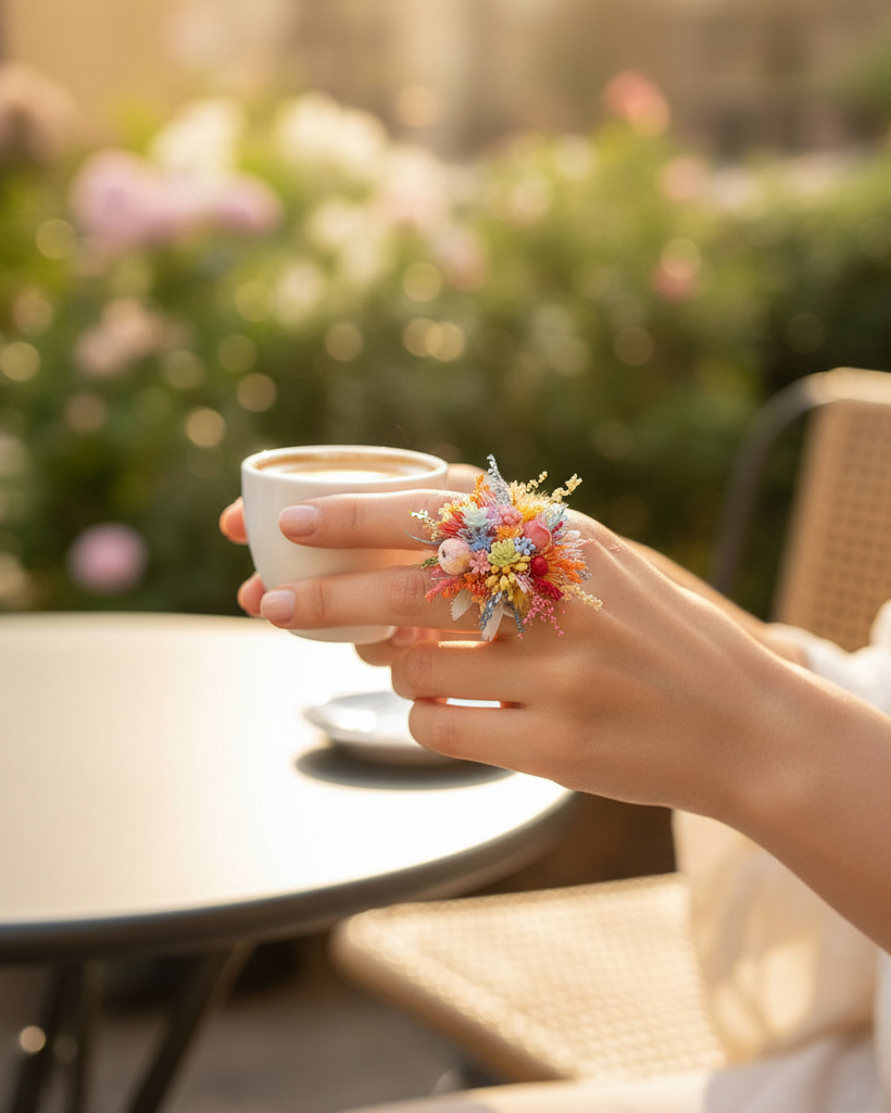 Colorful preserved flower ring worn at European outdoor cafe — Eco Perennial