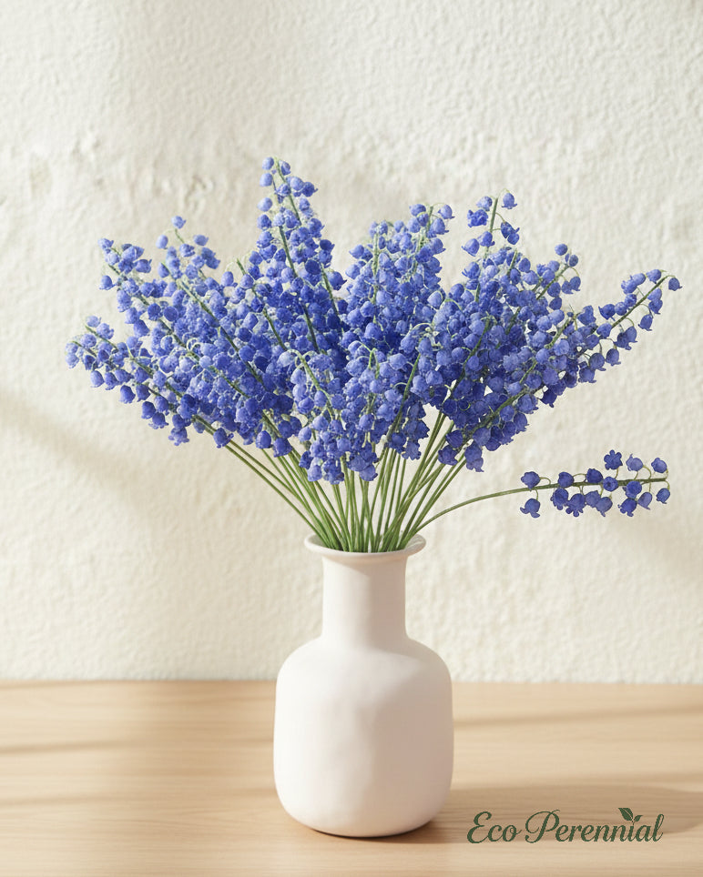 Deep blue faux bell flowers in a modern white ceramic bud vase - Eco Perennial