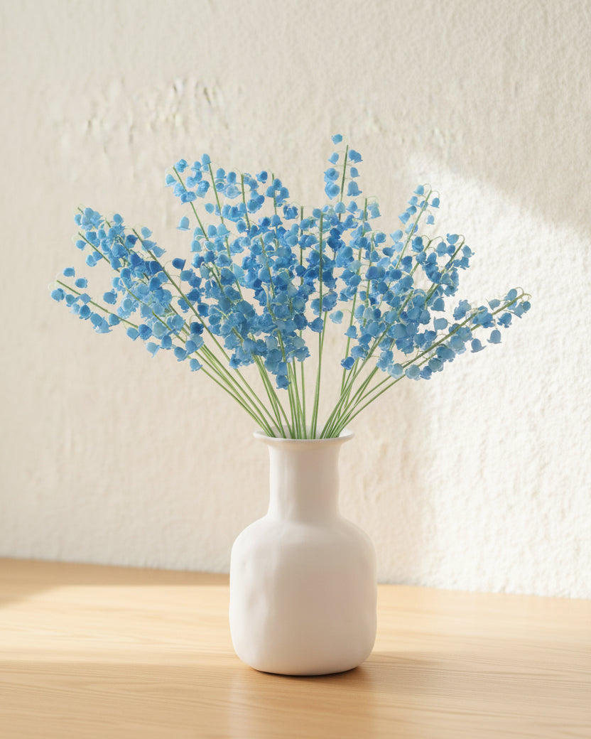 Delicate light blue artificial bell flower stems in a white vase - Eco Perennial