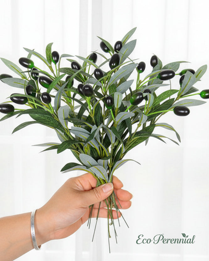 Detail of realistic faux olive stems and fruit by Eco Perennial