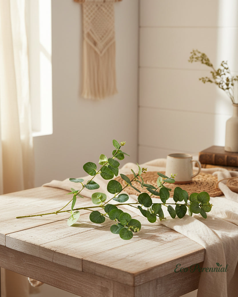 Detailed look at forest green artificial eucalyptus branch structure - Eco Perennial