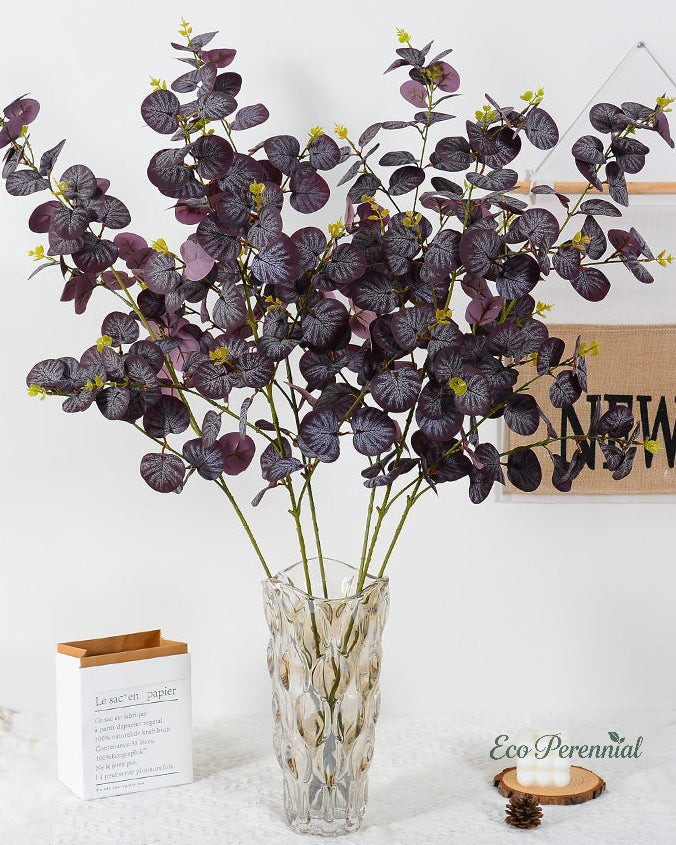 Detailed texture of dusty burgundy artificial eucalyptus foliage - Eco Perennial