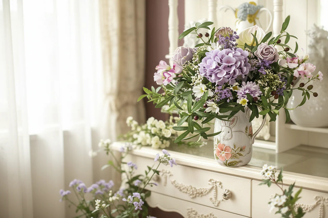 Bouquet of purple flowers in a decorative vase on a white dresser with light curtains in the background.