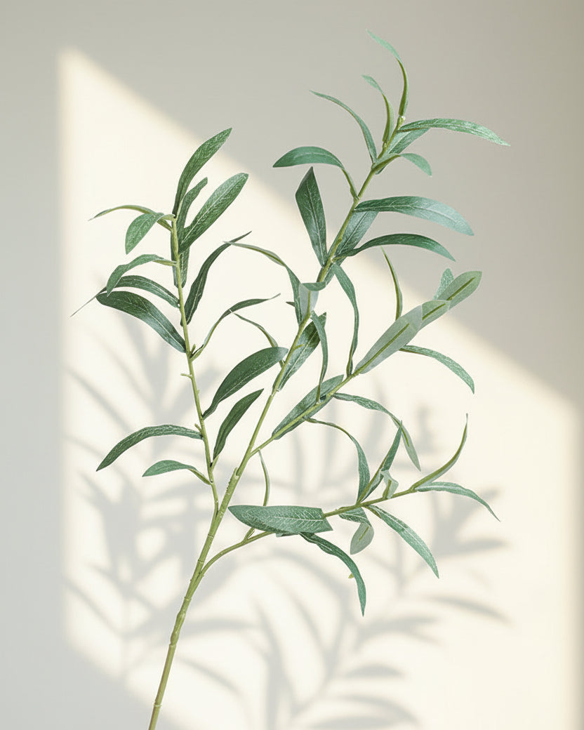Eco Perennial 4-fork faux olive branch with delicate grey-green elongated leaves on a clean cream background, 71cm artificial olive stem product photo