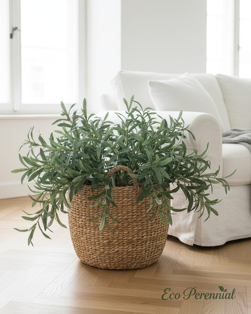 Eco Perennial artificial olive branch arrangement in a rustic ceramic vessel on a wooden sideboard in cozy cottage decor