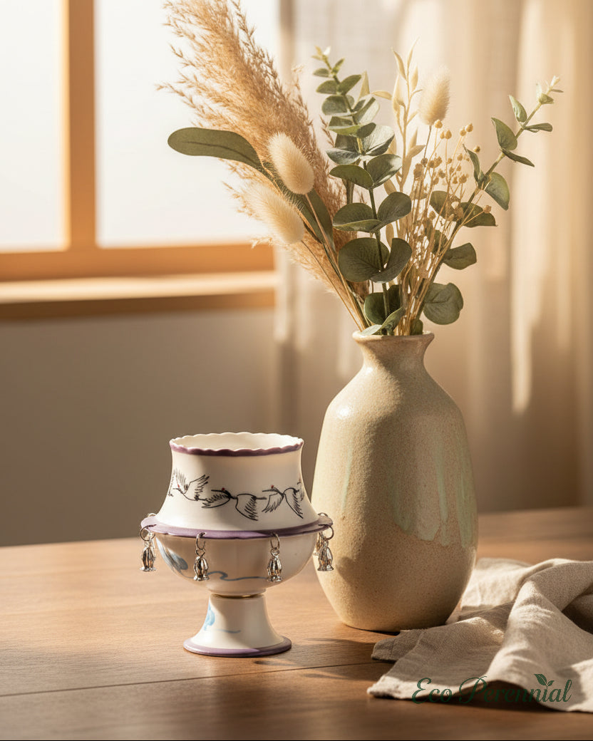 Eco Perennial artisan spinning ceramic teacup displayed in a natural sunlight setting
