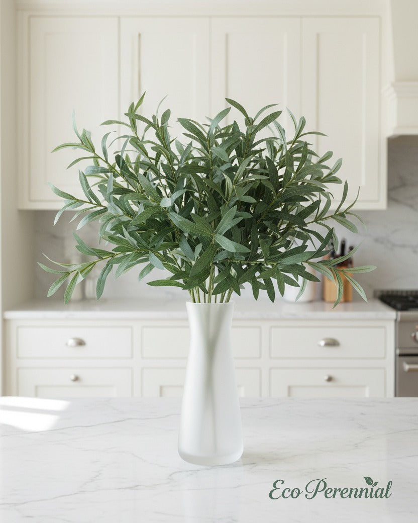 Eco Perennial faux Mediterranean olive branches in a terracotta pot for relaxed European farmhouse décor